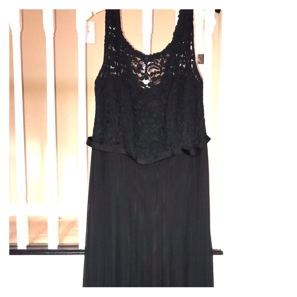 Black floor length gown with lace detail